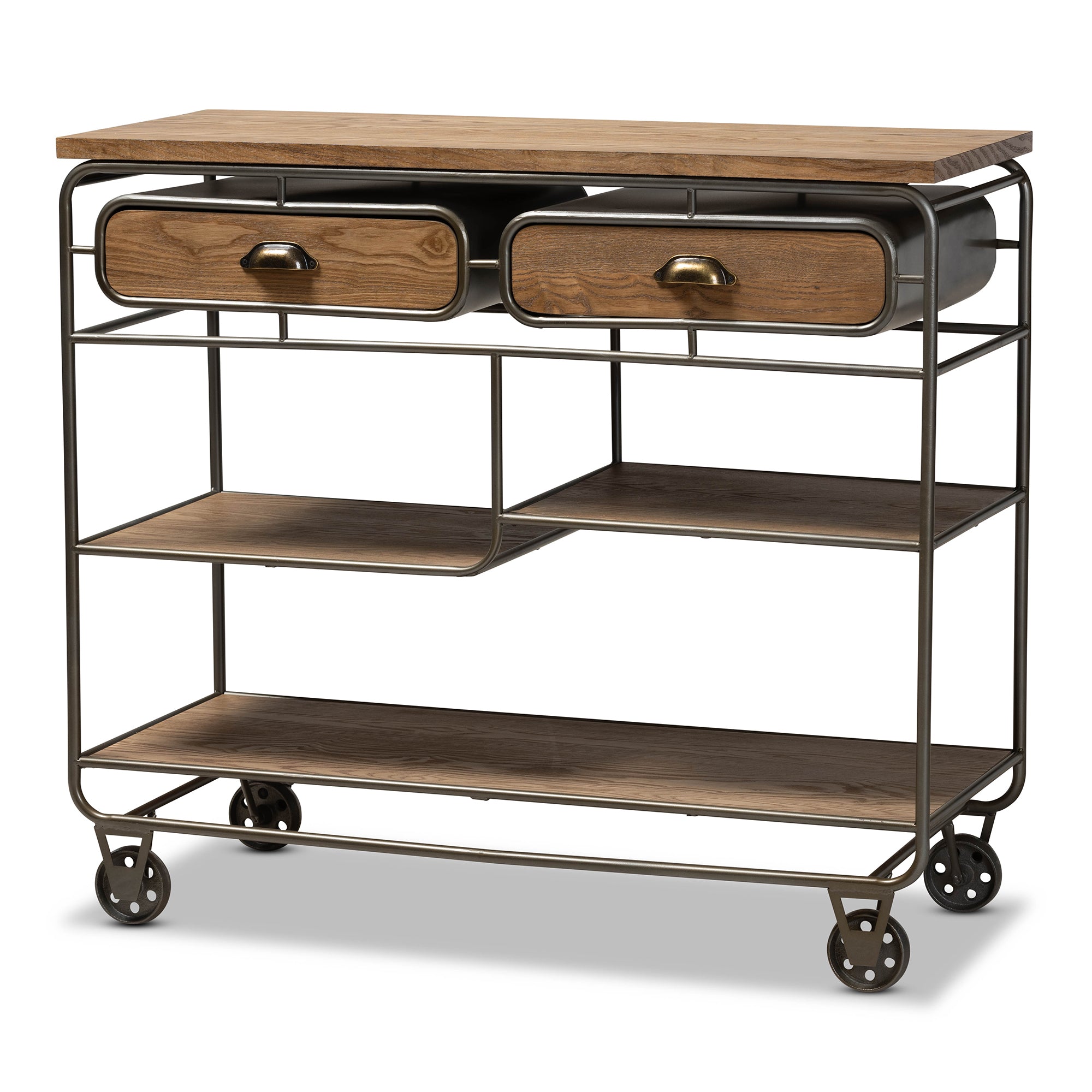 Grant Vintage Rustic Industrial Oak Brown Finished Wood and Black Finished Metal 2-Drawer Kitchen Cart