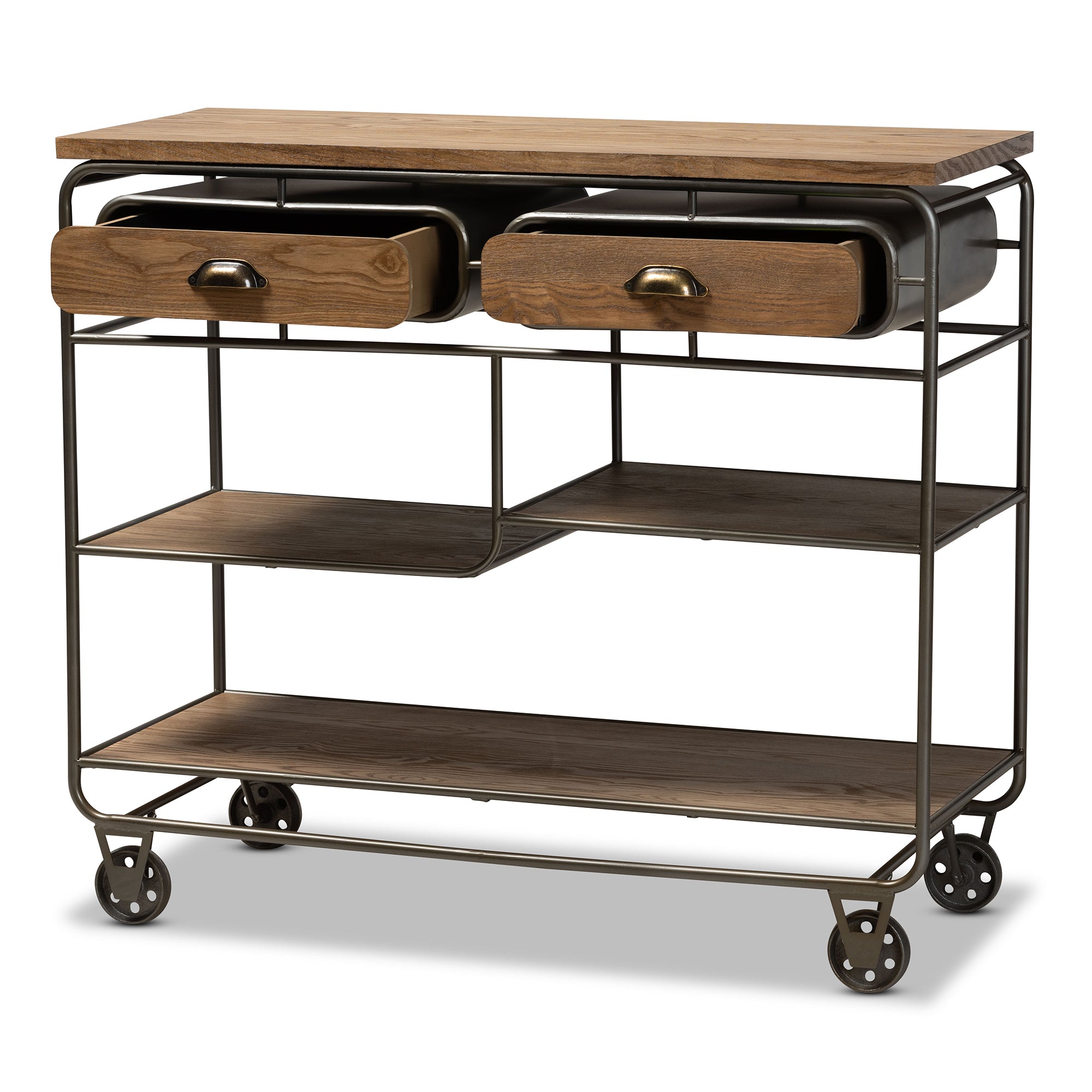 Grant Vintage Rustic Industrial Oak Brown Finished Wood and Black Finished Metal 2-Drawer Kitchen Cart