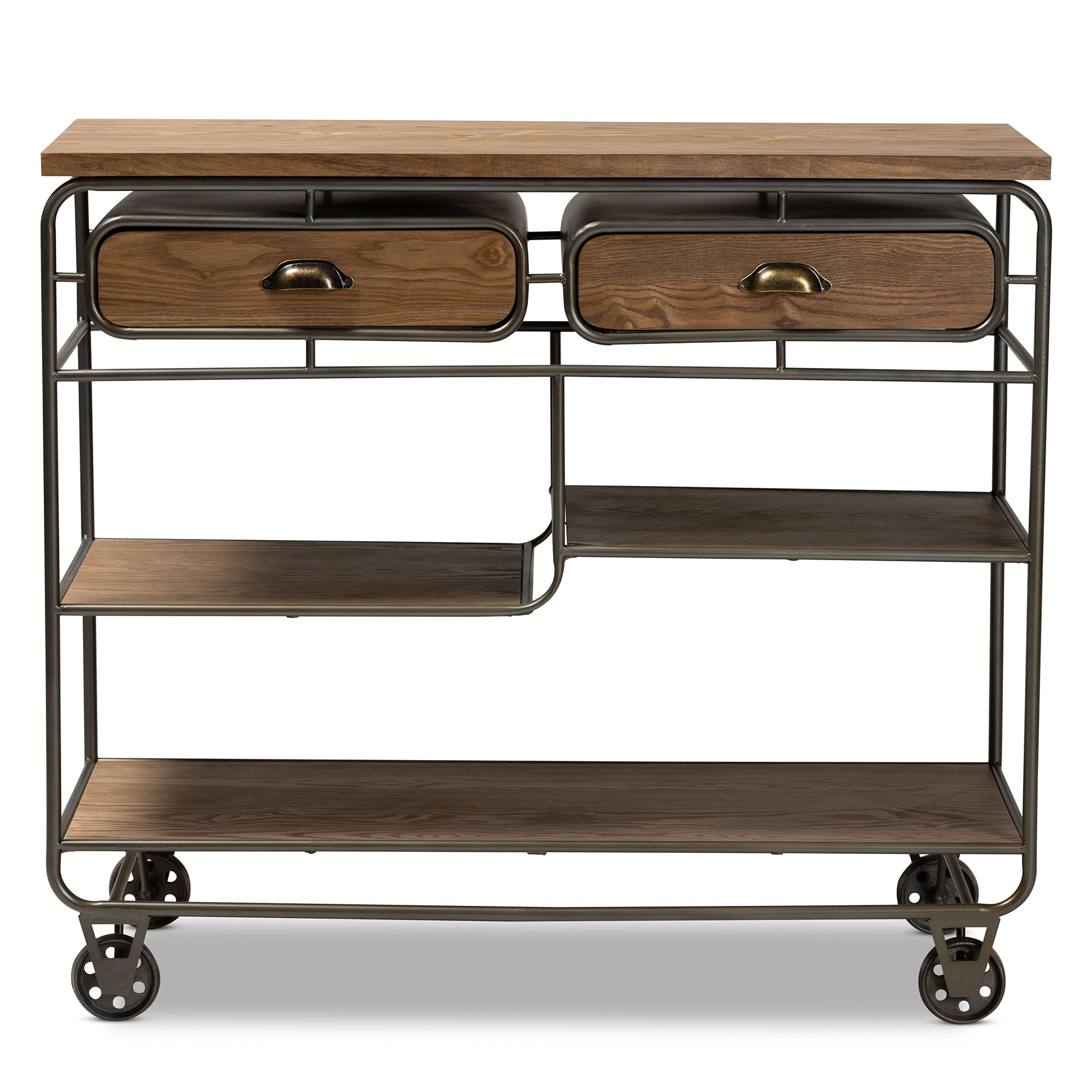 Grant Vintage Rustic Industrial Oak Brown Finished Wood and Black Finished Metal 2-Drawer Kitchen Cart