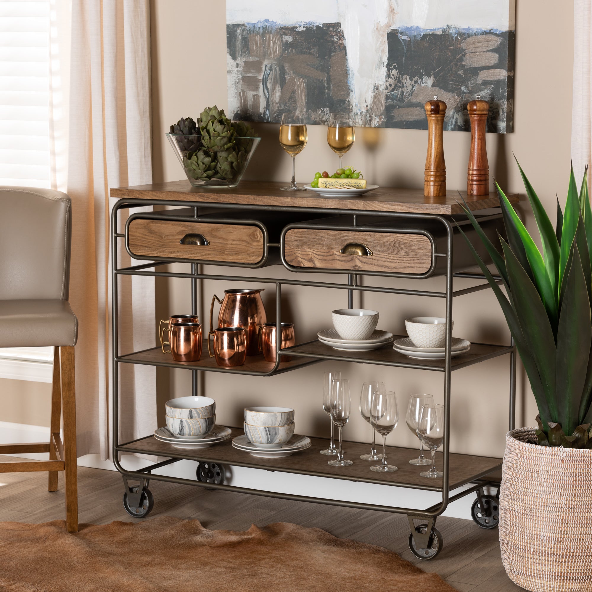 Grant Vintage Rustic Industrial Oak Brown Finished Wood and Black Finished Metal 2-Drawer Kitchen Cart