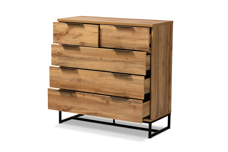 Franklin Modern and Contemporary Oak Finished Wood and Black Finished Metal 5-Drawer Bedroom Chest