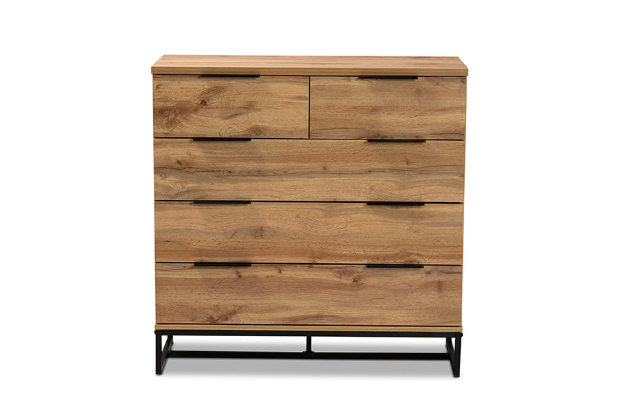 Franklin Modern and Contemporary Oak Finished Wood and Black Finished Metal 5-Drawer Bedroom Chest
