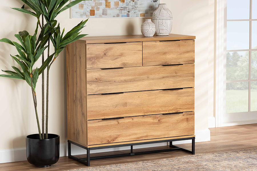 Franklin Modern and Contemporary Oak Finished Wood and Black Finished Metal 5-Drawer Bedroom Chest