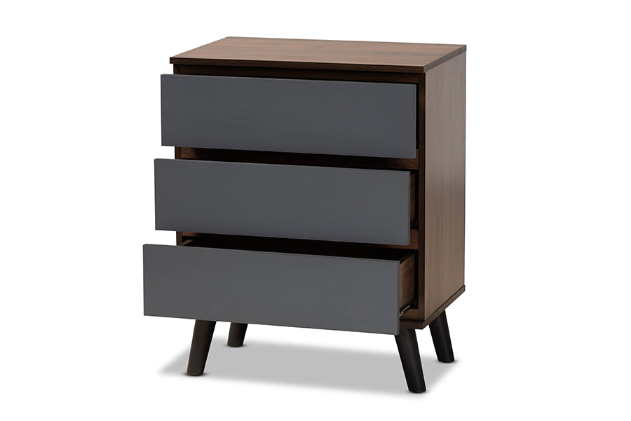 Roldan Modern and Contemporary Two-Tone Walnut and Grey Finished Wood 3-Drawer Bedroom Chest