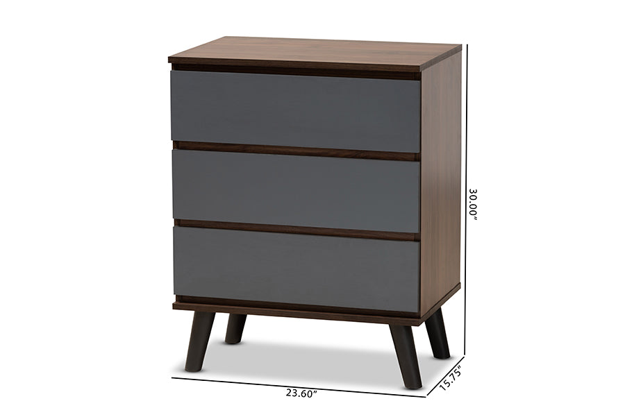 Roldan Modern and Contemporary Two-Tone Walnut and Grey Finished Wood 3-Drawer Bedroom Chest