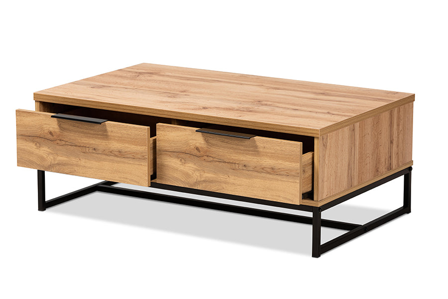 Franklin Modern and Contemporary Oak Brown Finished Wood and Black Finished Metal 2-Drawer Coffee Table