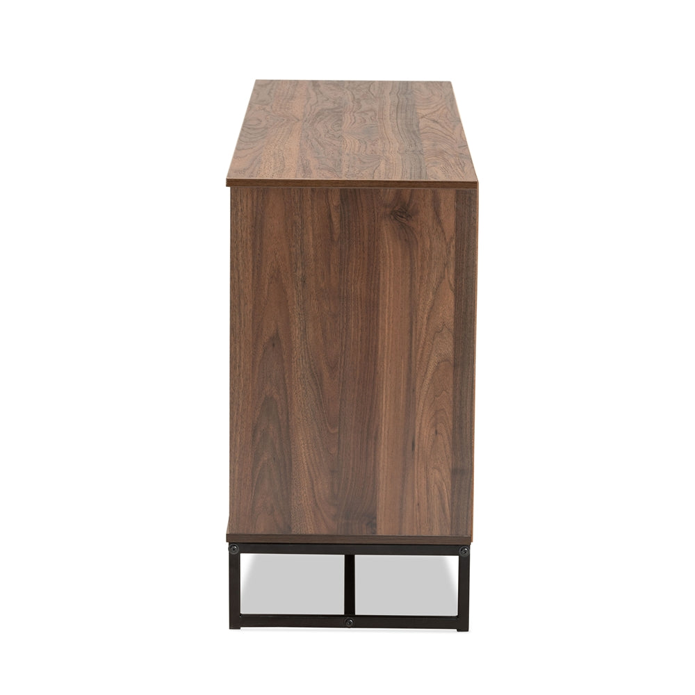 Neil Modern and Contemporary Walnut Brown Finished Wood and Black Finished Metal 3-Door Dining Room Sideboard Buffet