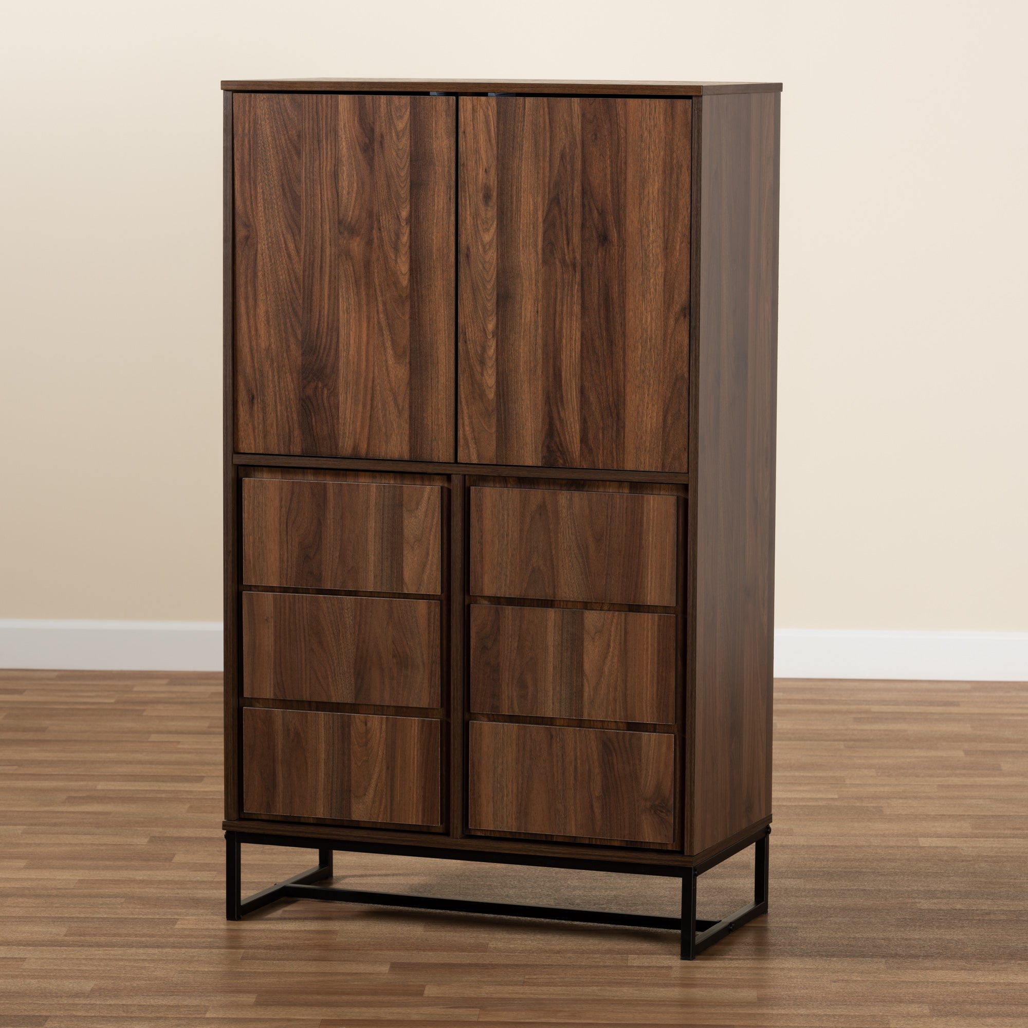 Neil Modern and Contemporary Walnut Brown Finished Wood and Black Finished Metal Multipurpose Storage Cabinet