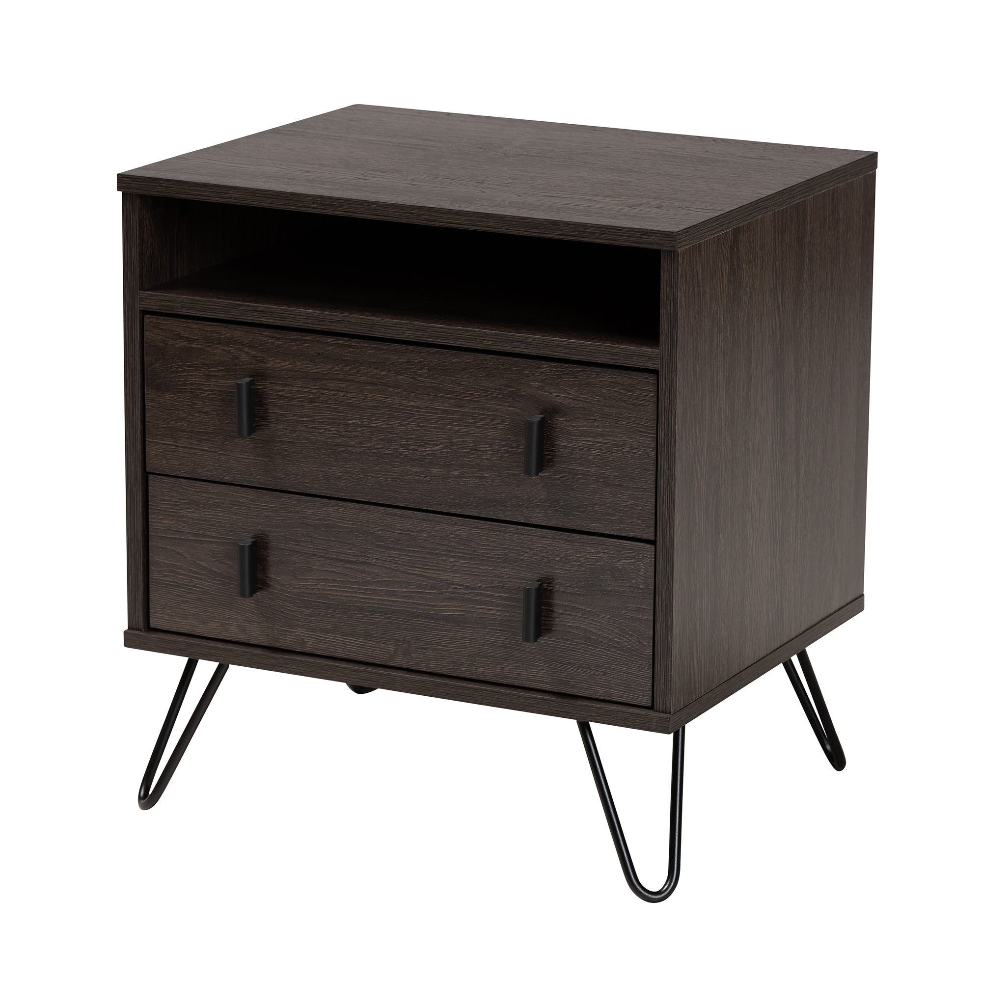 Baxton Studio Glover Modern and Contemporary Dark Brown Finished Wood and Black Metal 2-Drawer Nightstand