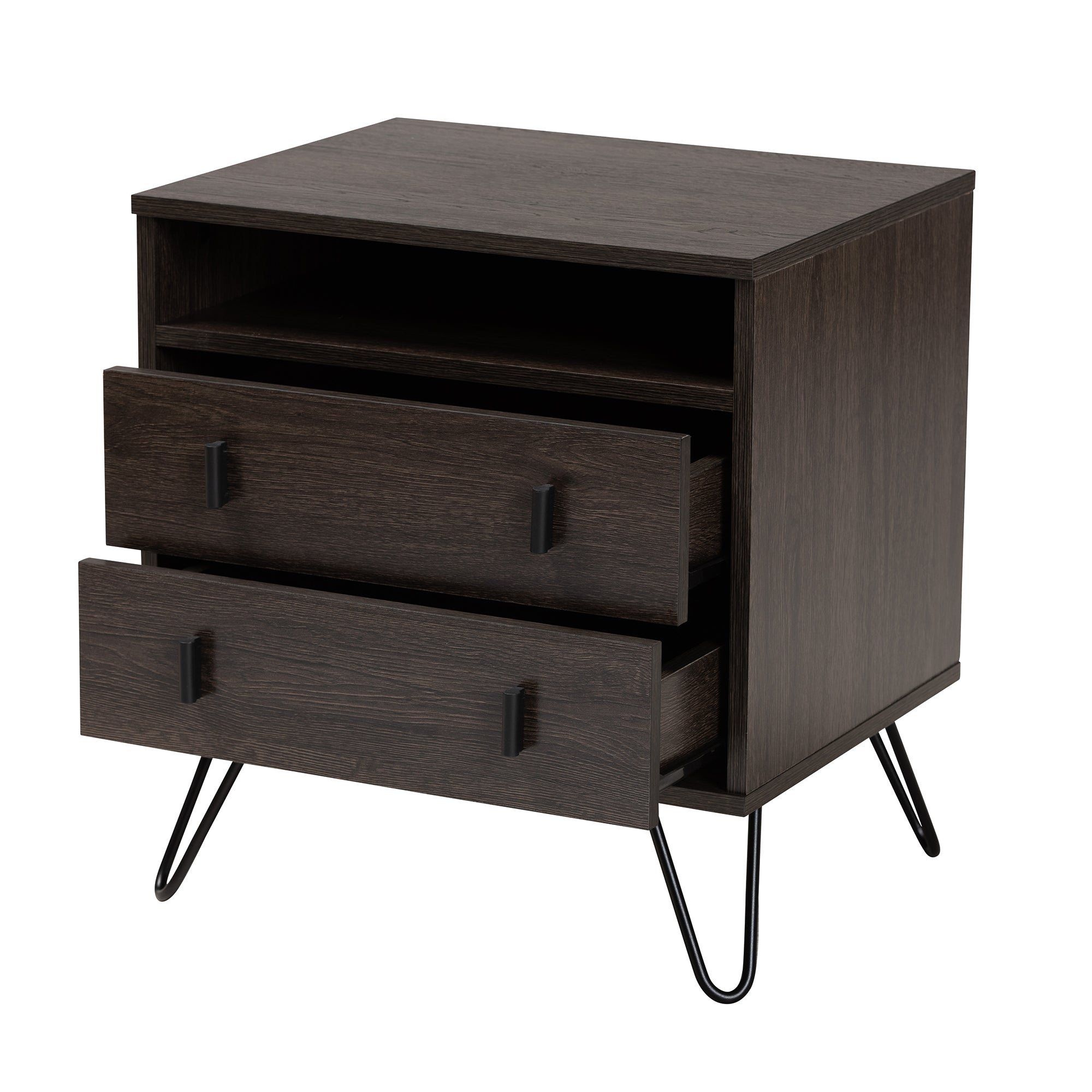 Glover Modern and Contemporary Dark Brown Finished Wood and Black Metal 2-Drawer Nightstand