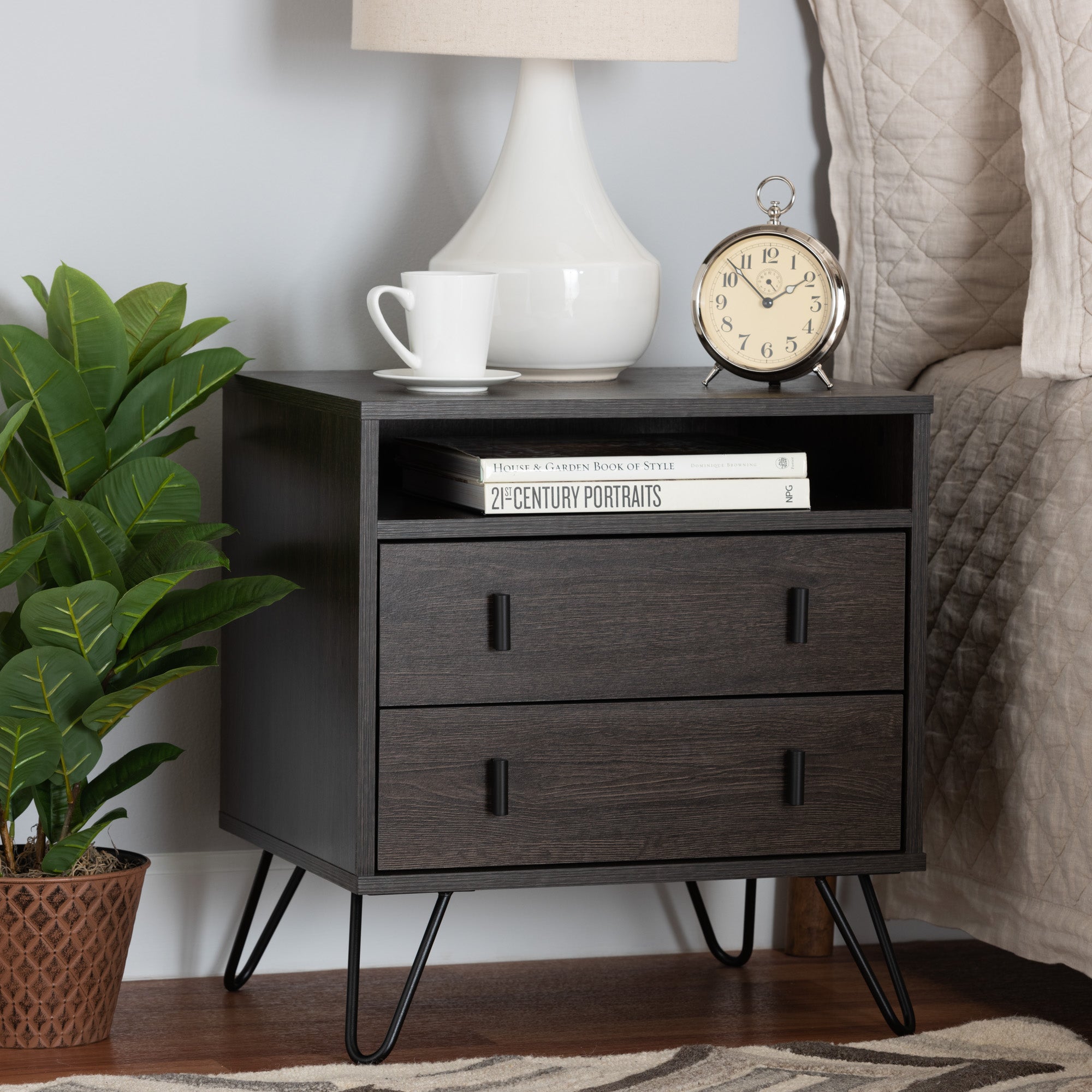 Glover Modern and Contemporary Dark Brown Finished Wood and Black Metal 2-Drawer Nightstand