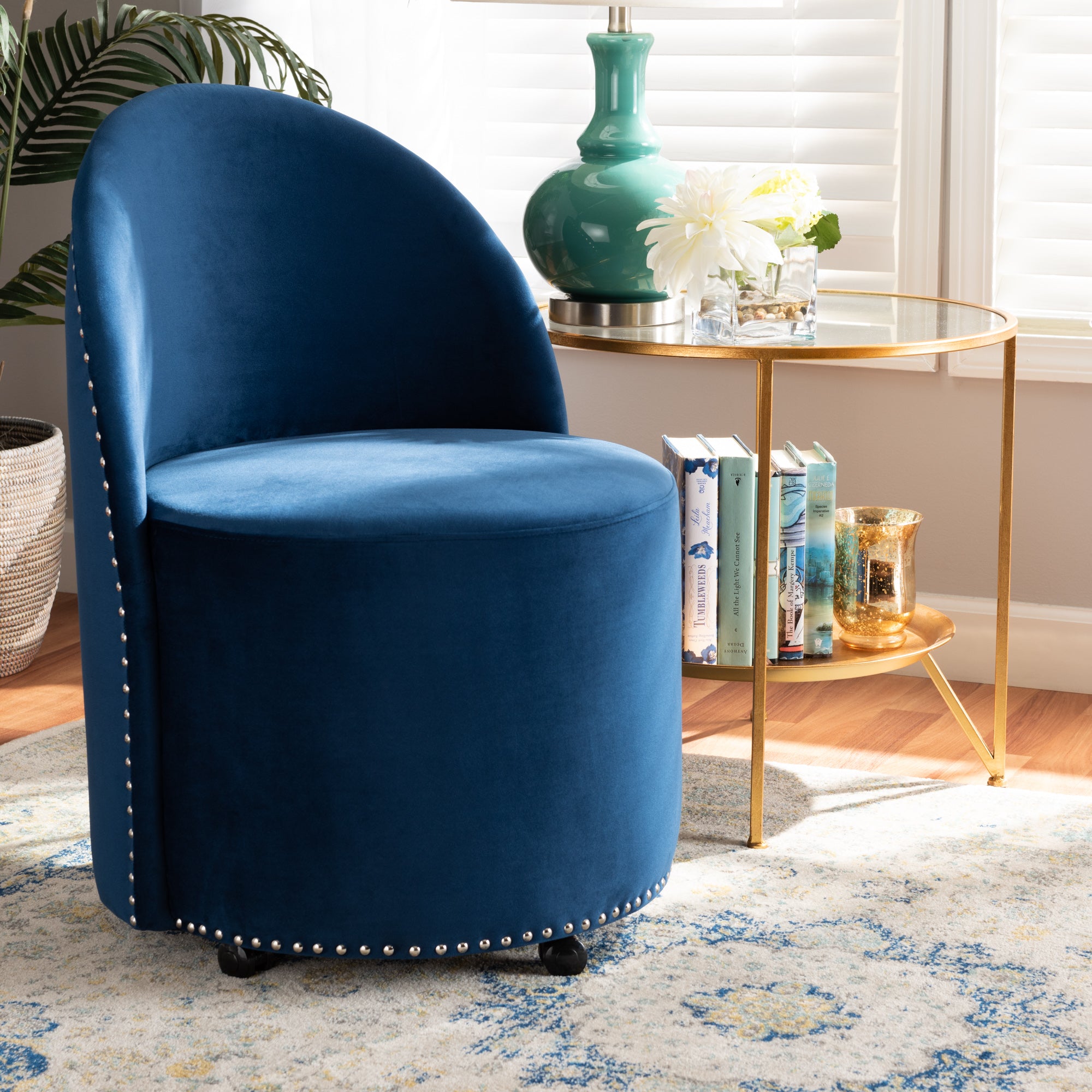 Bethel and Navy Blue Velvet Fabric Upholstered Rolling Accent Chair