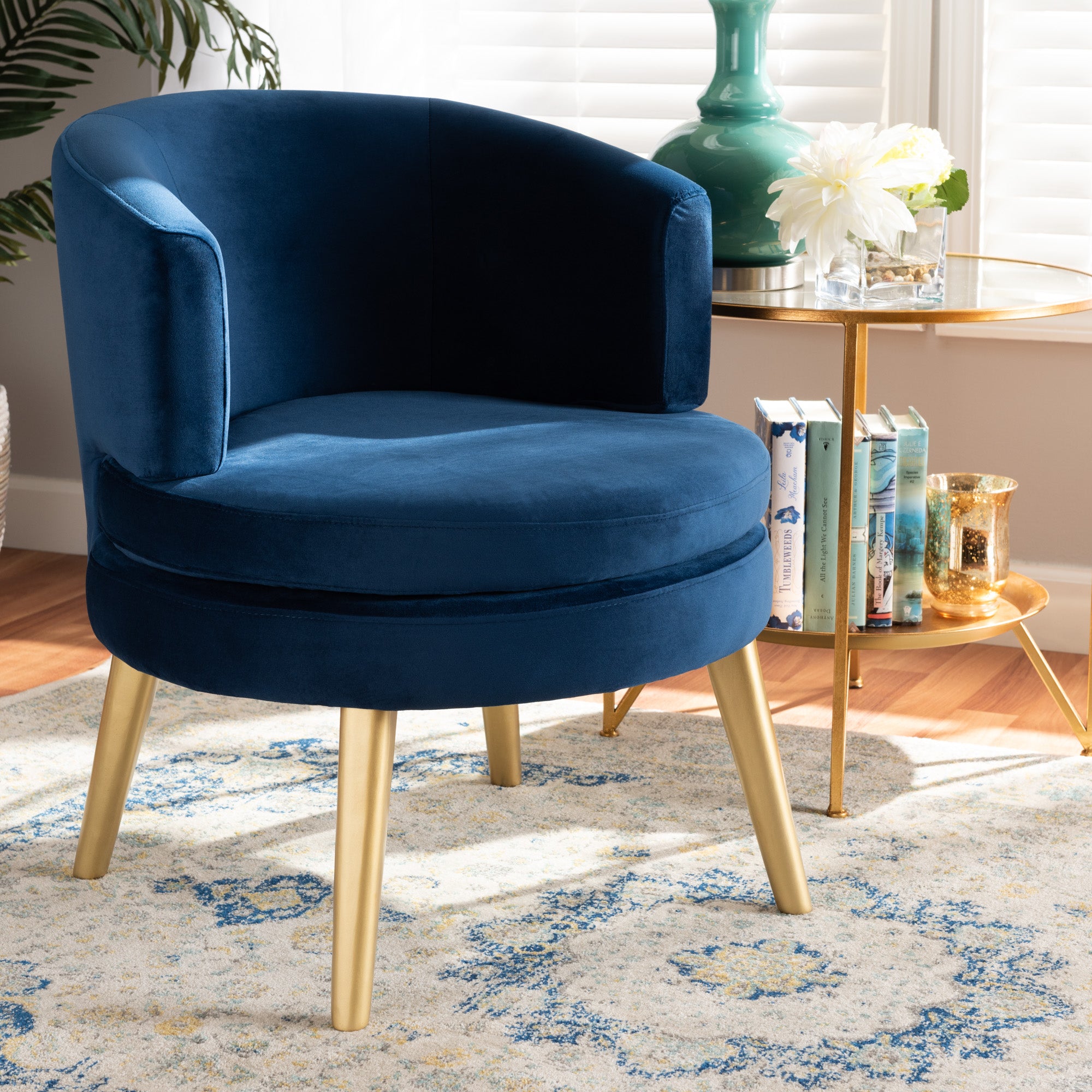 Baptiste and Navy Blue Velvet Fabric Upholstered and Gold Finished Wood Accent Chair