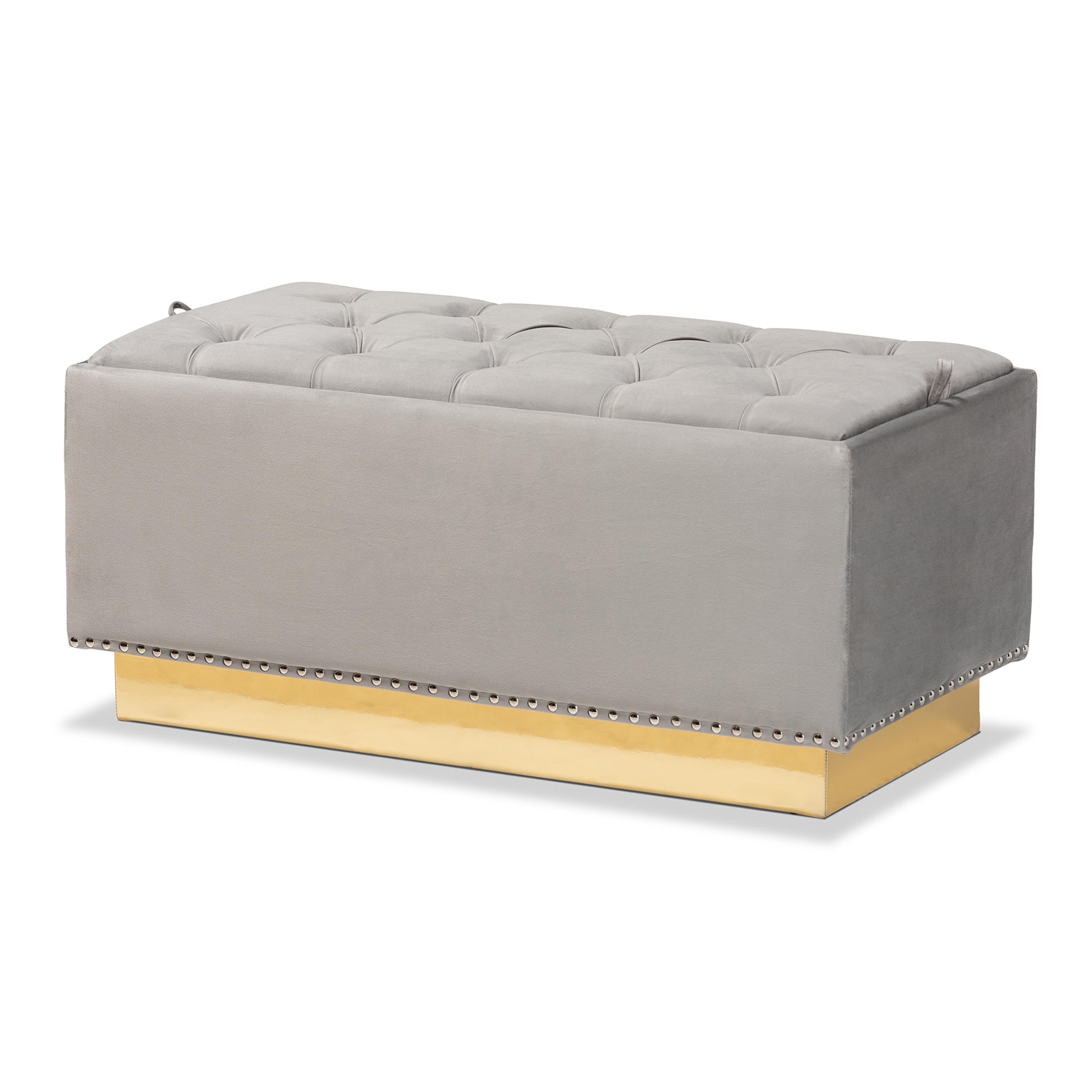 Powell Grey Velvet Fabric Upholstered and Gold PU Leather Storage Ottoman