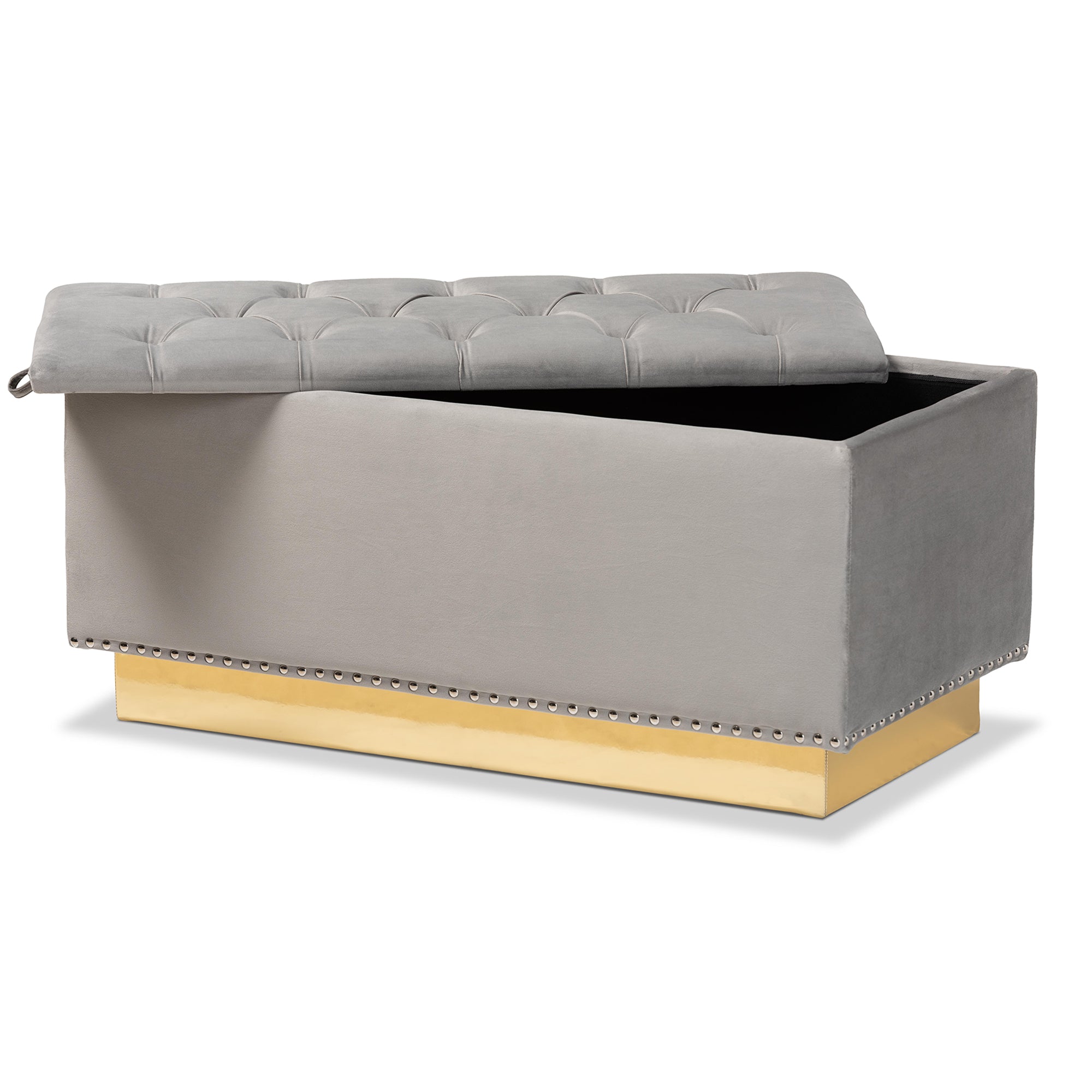 Powell Grey Velvet Fabric Upholstered and Gold PU Leather Storage Ottoman