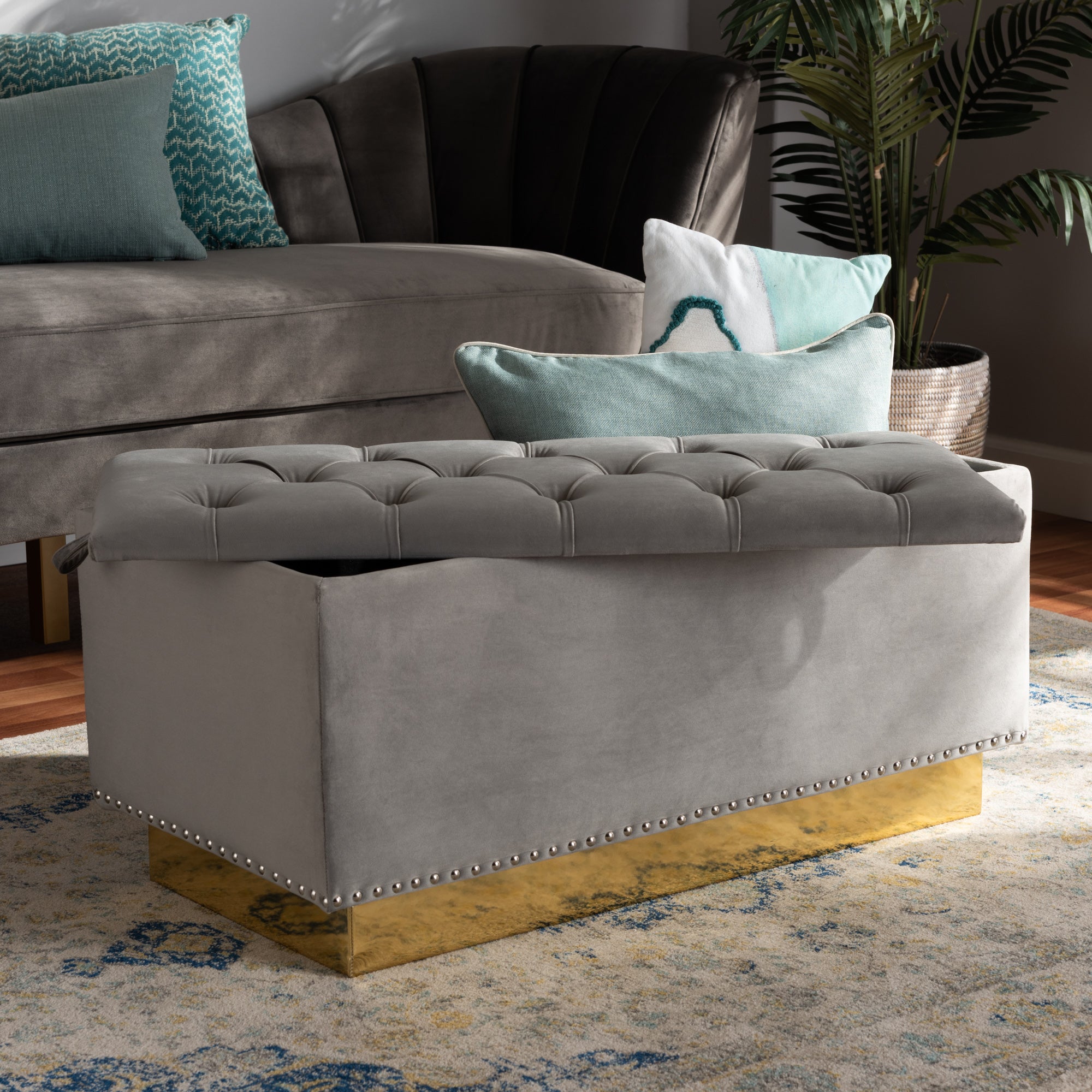 Powell Grey Velvet Fabric Upholstered and Gold PU Leather Storage Ottoman
