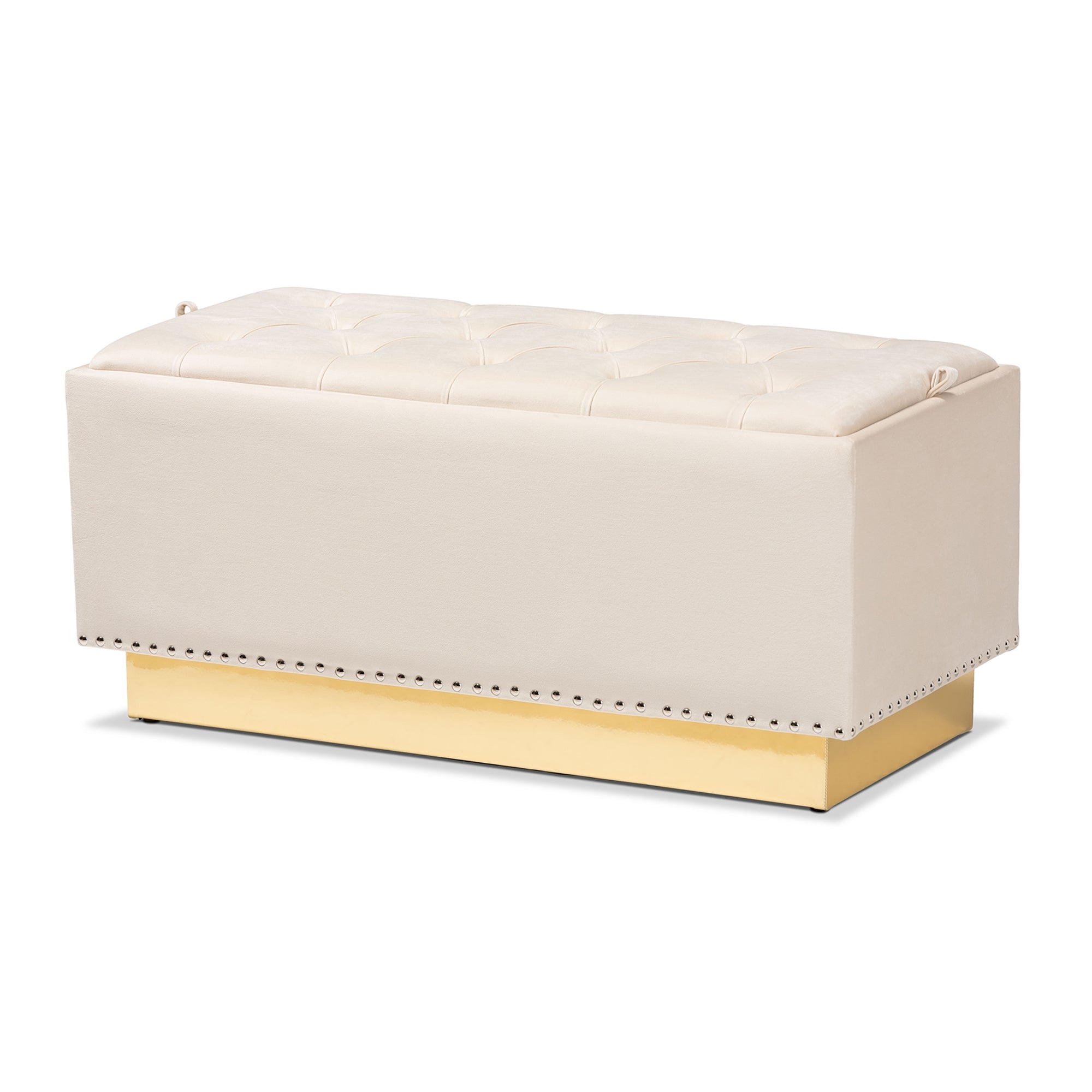 Powell Beige Velvet Fabric Upholstered and Gold PU Leather Storage Ottoman
