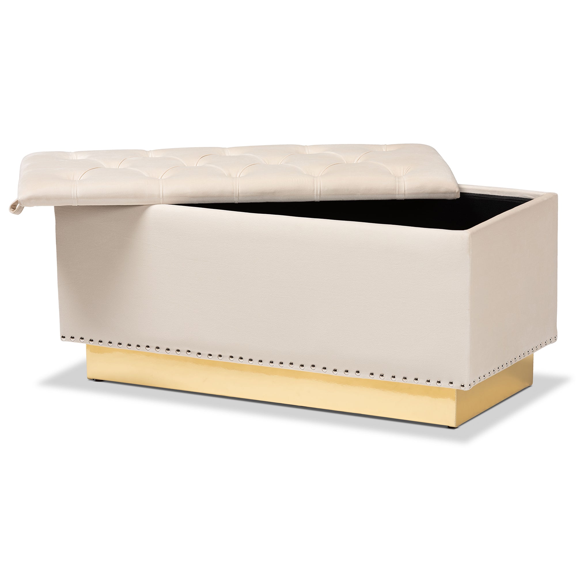 Powell Beige Velvet Fabric Upholstered and Gold PU Leather Storage Ottoman