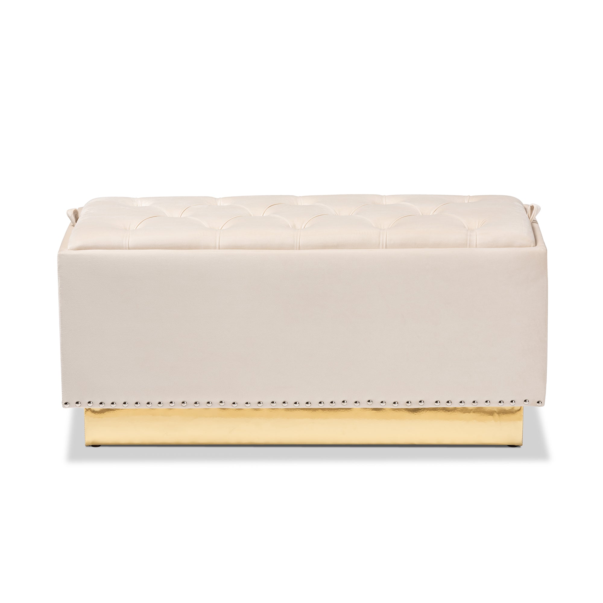 Powell Beige Velvet Fabric Upholstered and Gold PU Leather Storage Ottoman