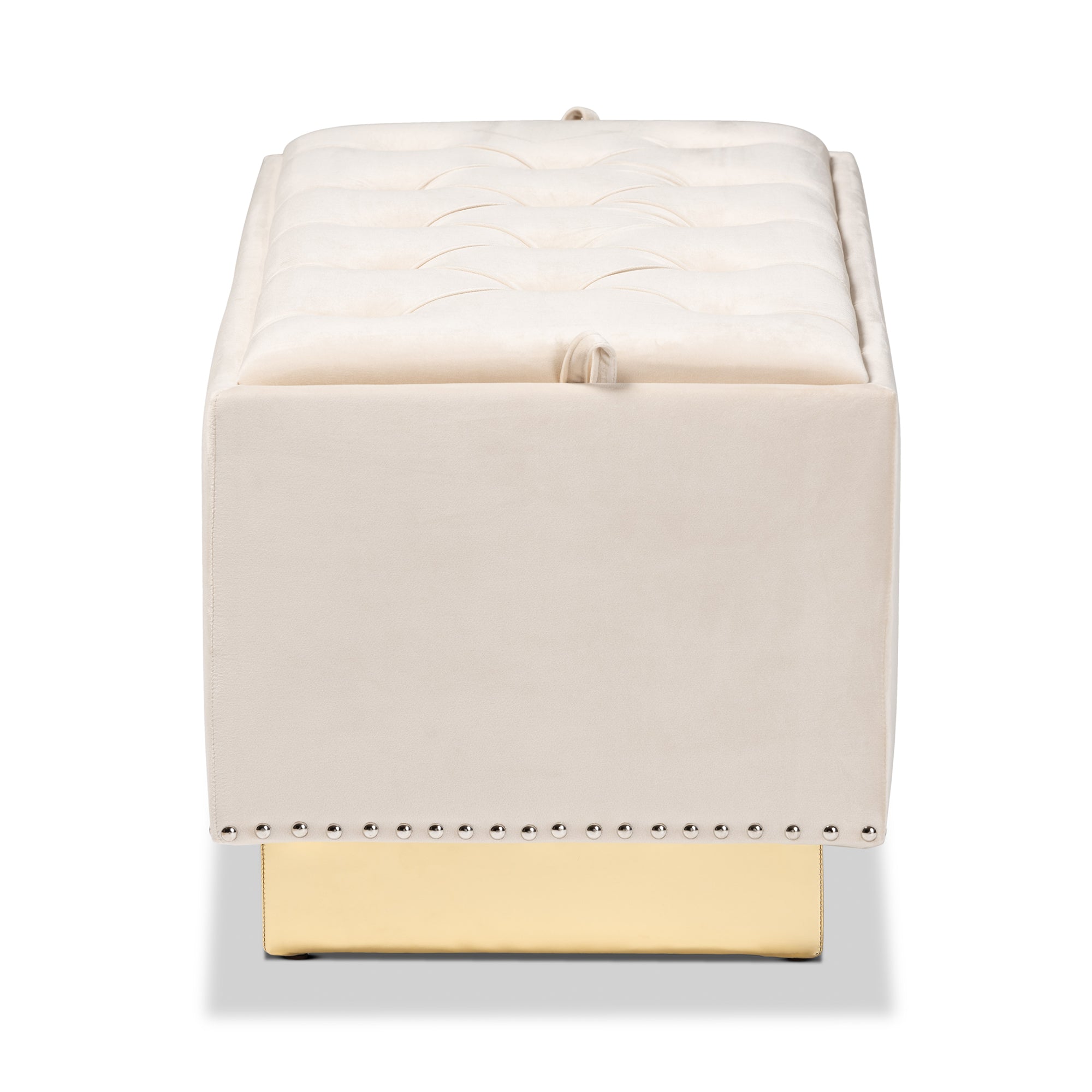 Powell Beige Velvet Fabric Upholstered and Gold PU Leather Storage Ottoman