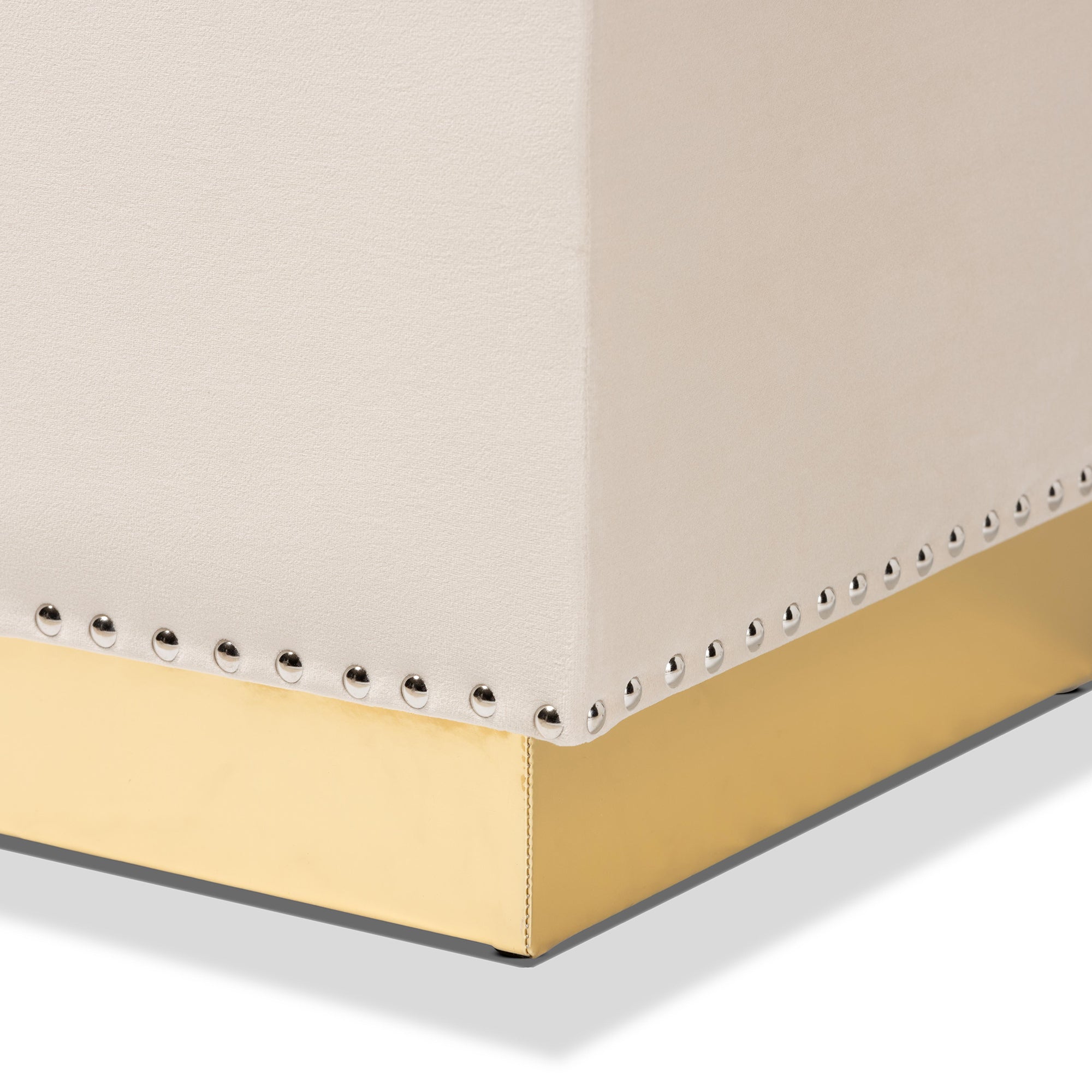 Powell Beige Velvet Fabric Upholstered and Gold PU Leather Storage Ottoman
