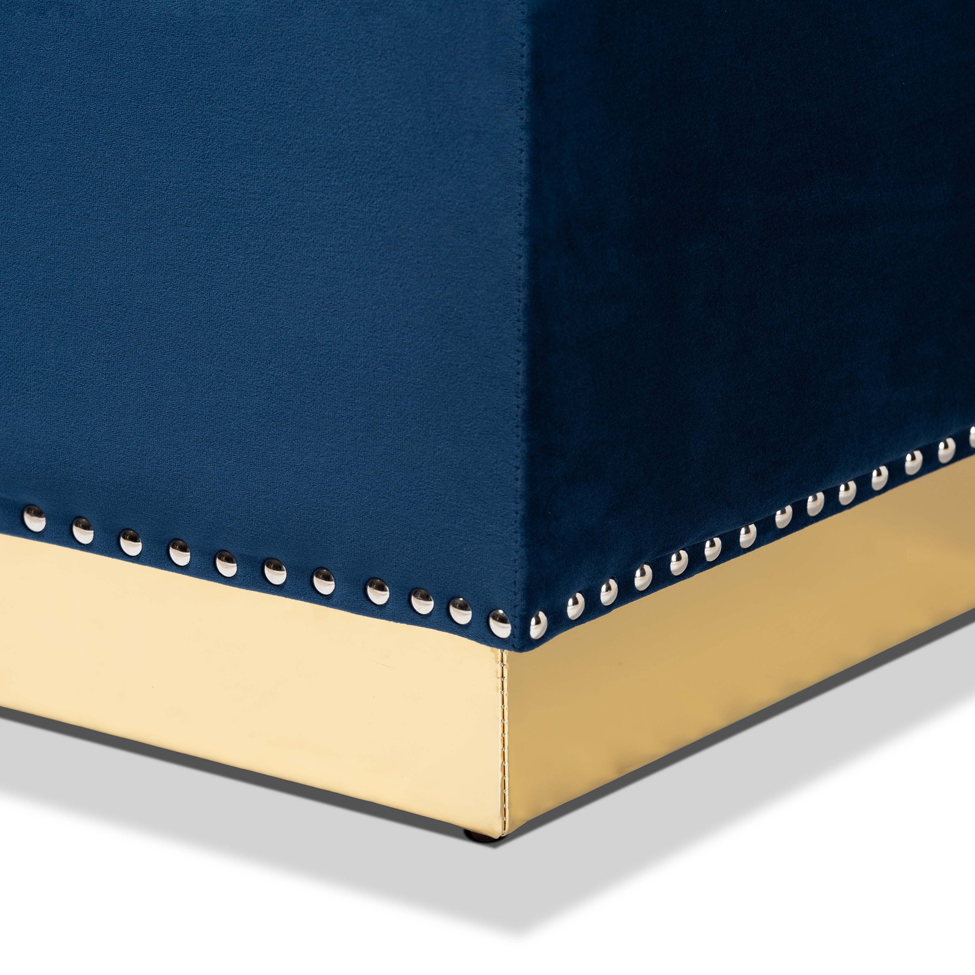 Powell Navy Blue Velvet Fabric Upholstered and Gold PU Leather Storage Ottoman