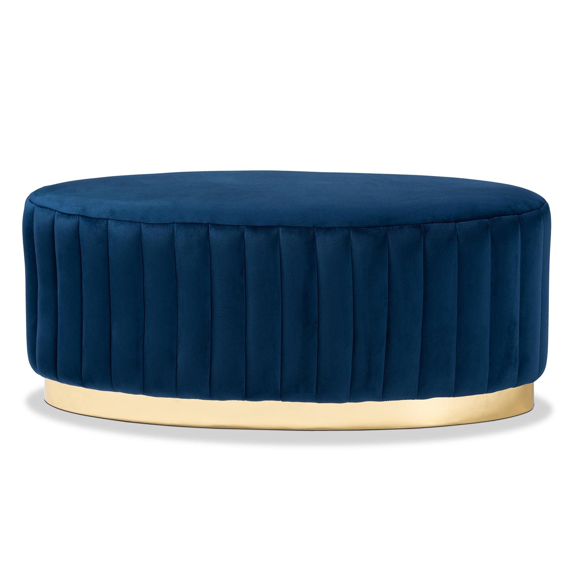 Kirana Navy Blue Velvet Fabric Upholstered and Gold PU Leather Ottoman