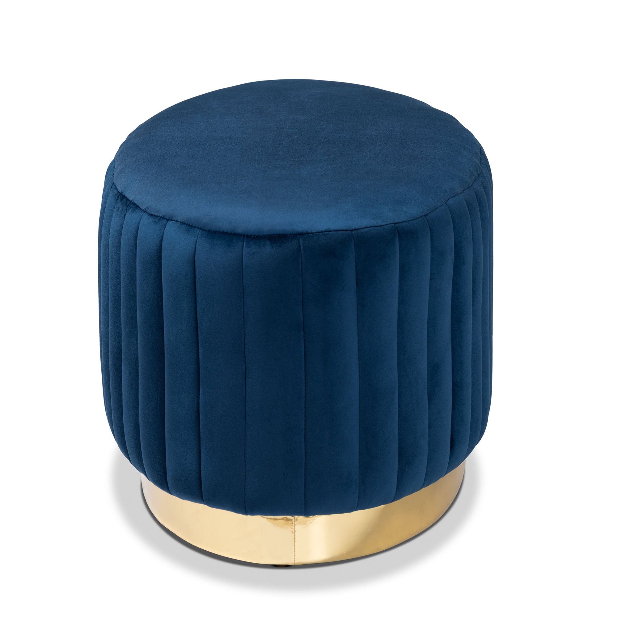 Kirana Navy Blue Velvet Fabric Upholstered and Gold PU Leather Ottoman