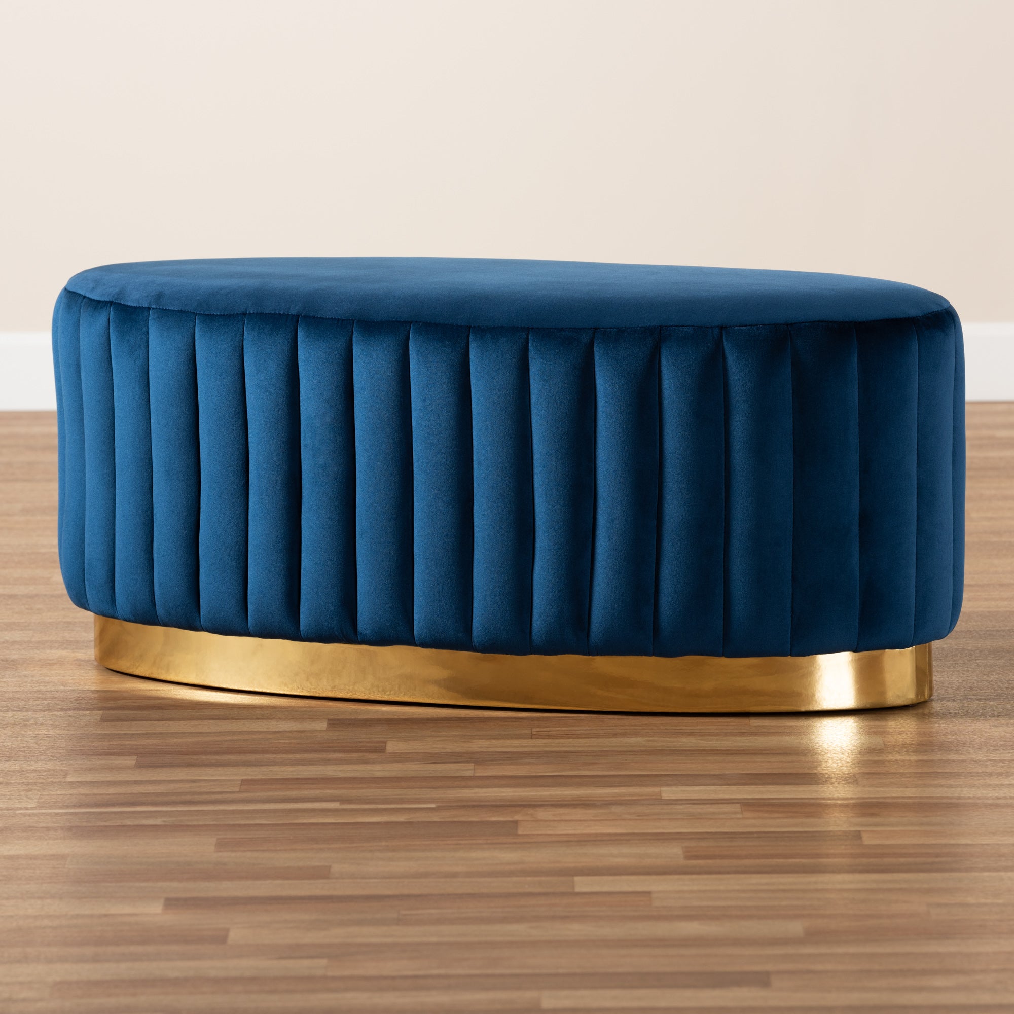 Kirana Navy Blue Velvet Fabric Upholstered and Gold PU Leather Ottoman