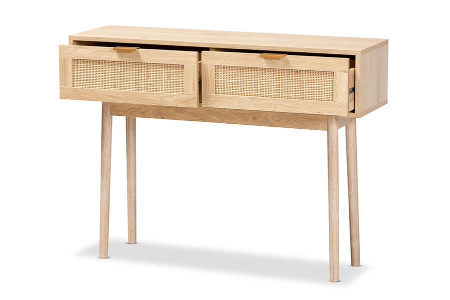Baird Mid-Century Modern Light Oak Brown Finished Wood and Rattan 2-Drawer Console Table