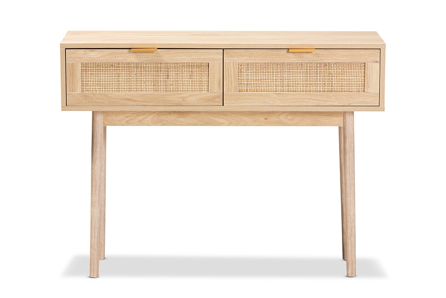 Baird Mid-Century Modern Light Oak Brown Finished Wood and Rattan 2-Drawer Console Table