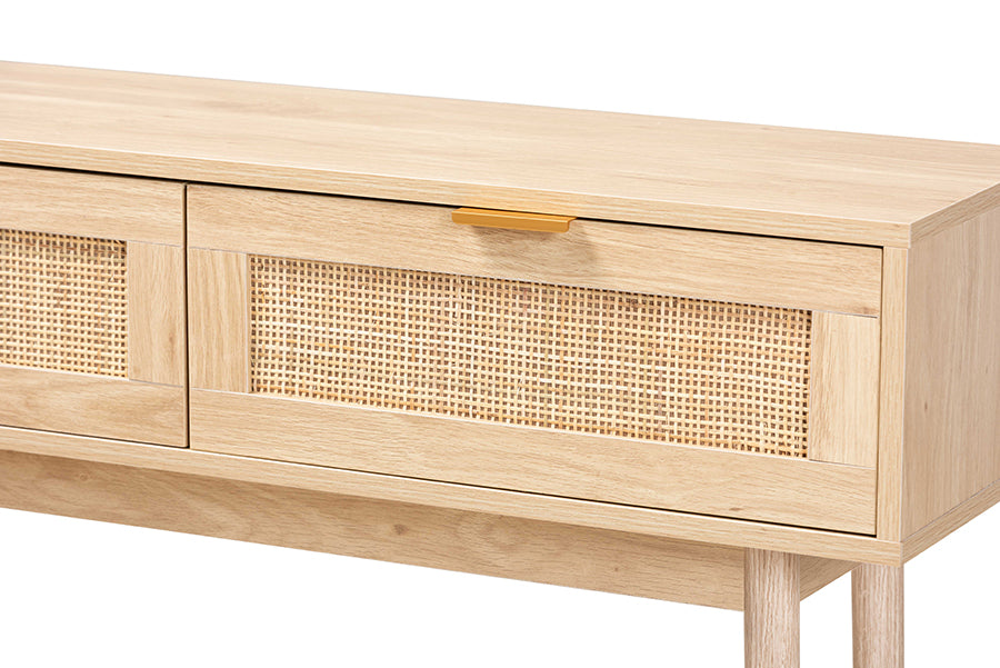 Baird Mid-Century Modern Light Oak Brown Finished Wood and Rattan 2-Drawer Console Table