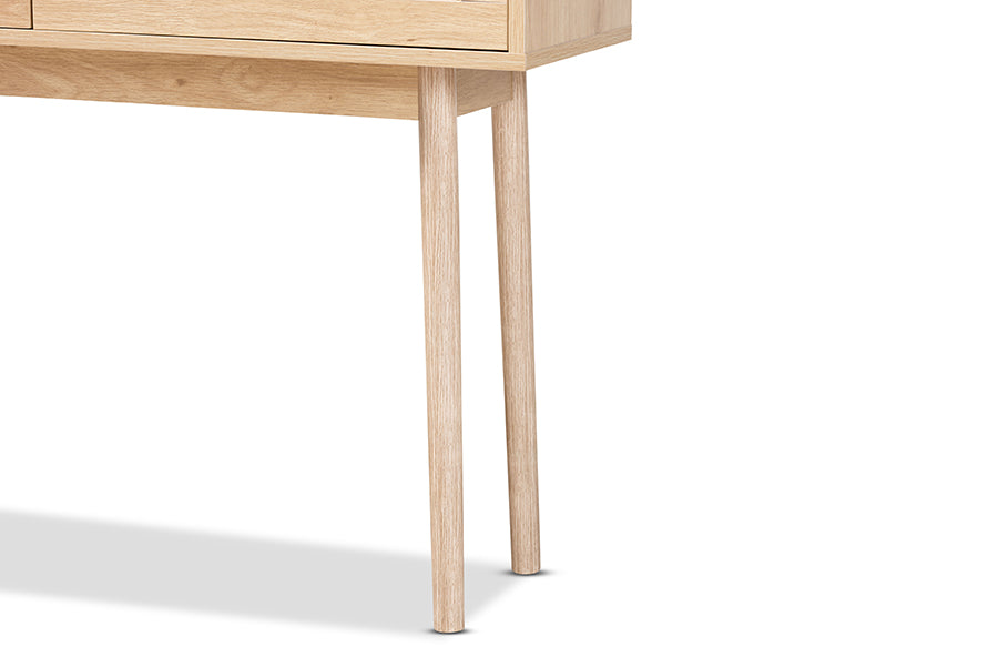 Baird Mid-Century Modern Light Oak Brown Finished Wood and Rattan 2-Drawer Console Table