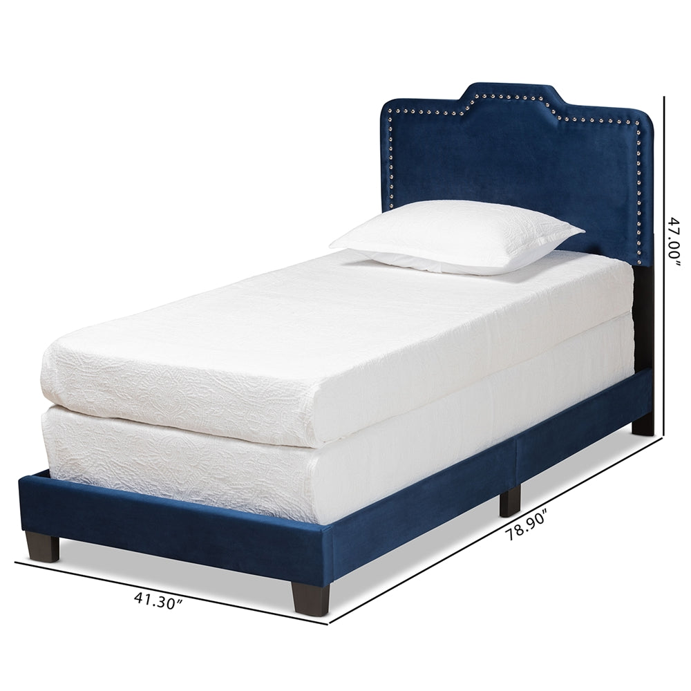 Benjen Glam Navy Blue Velvet Fabric Upholstered Twin Size Panel Bed