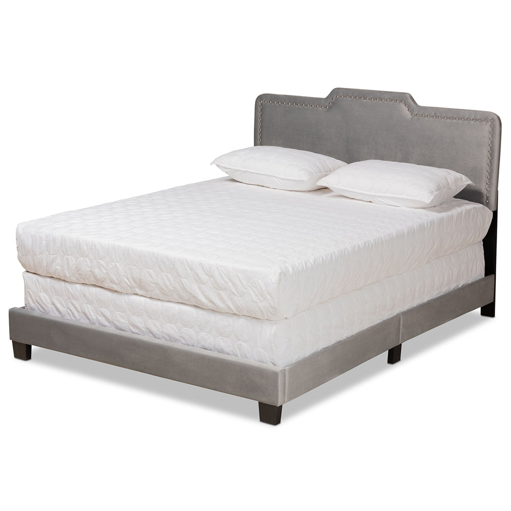 Benjen Grey Velvet Fabric Upholstered Queen Size Panel Bed
