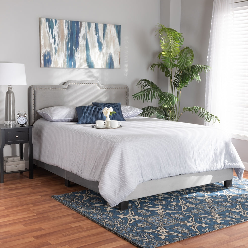 Benjen Glam Grey Velvet Fabric Upholstered Queen Size Panel Bed