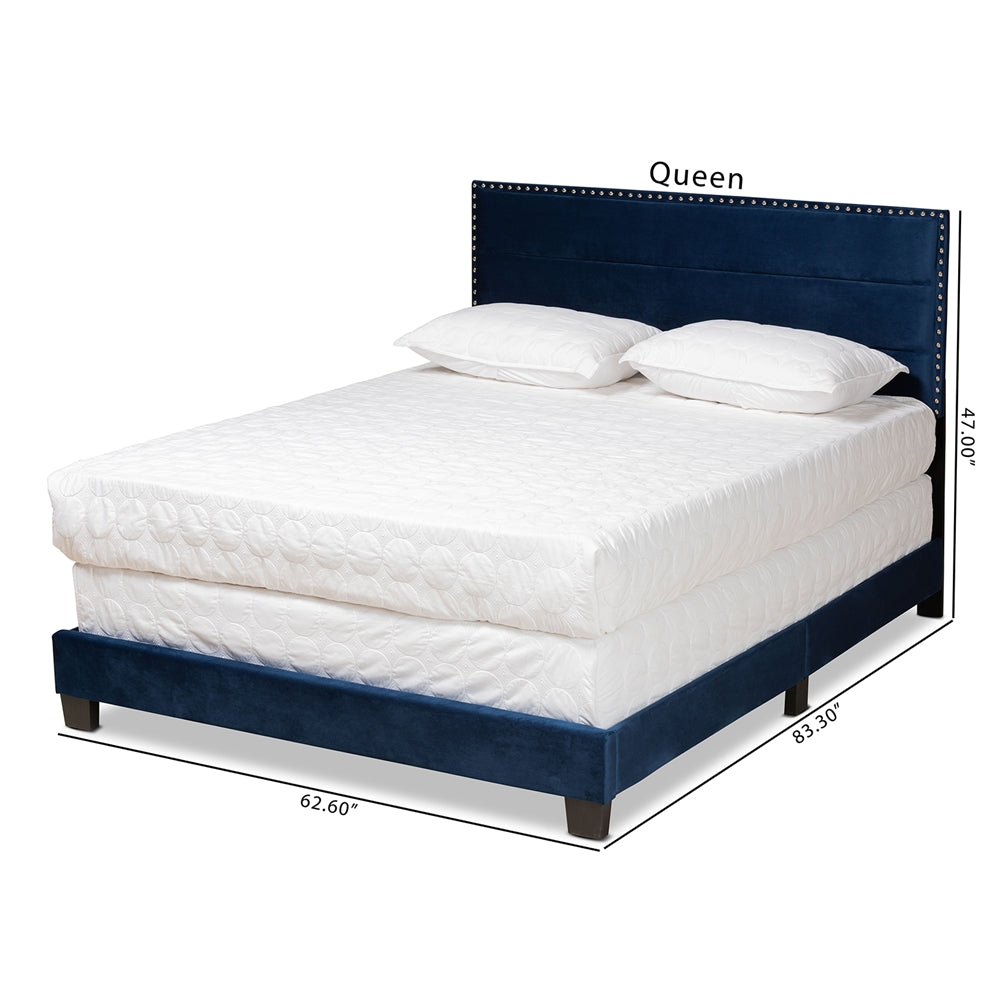 Tamira Glam Navy Blue Velvet Fabric Upholstered Queen Size Panel Bed
