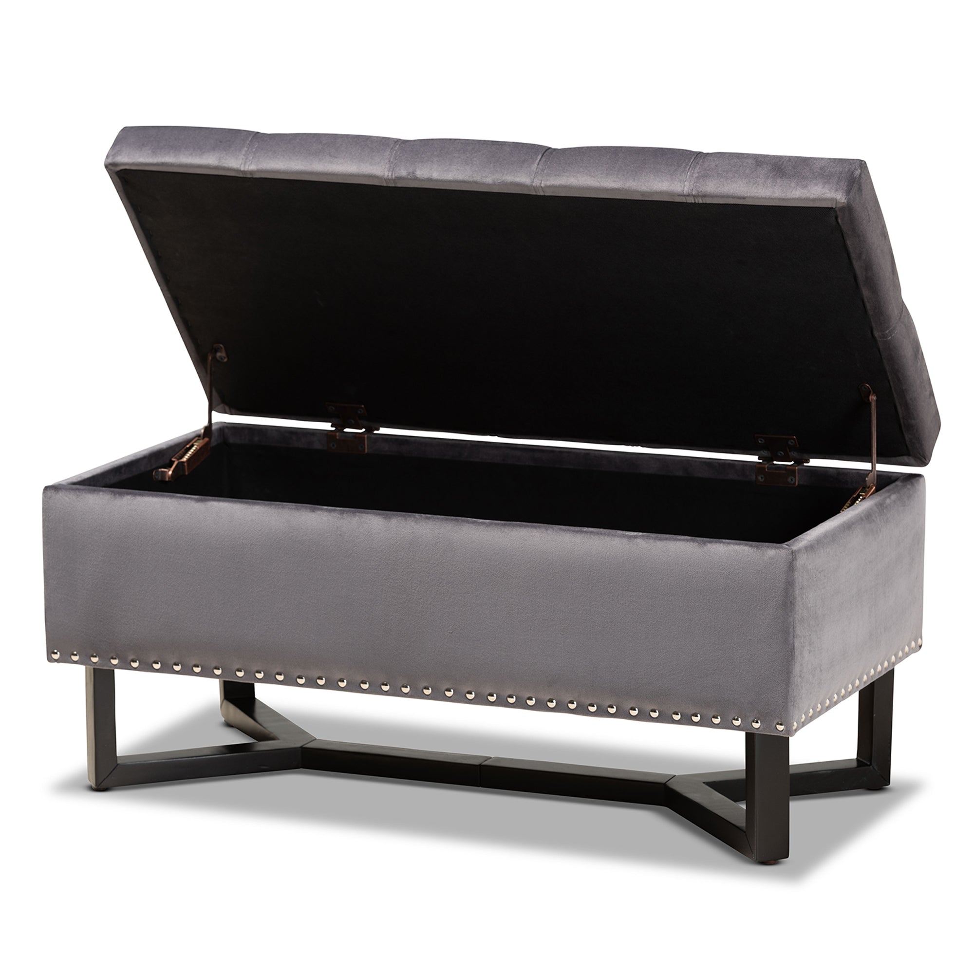Esther Modern and Contemporary Grey Velvet Fabric Upholstered and Dark Brown Finished Wood Storage Ottoman