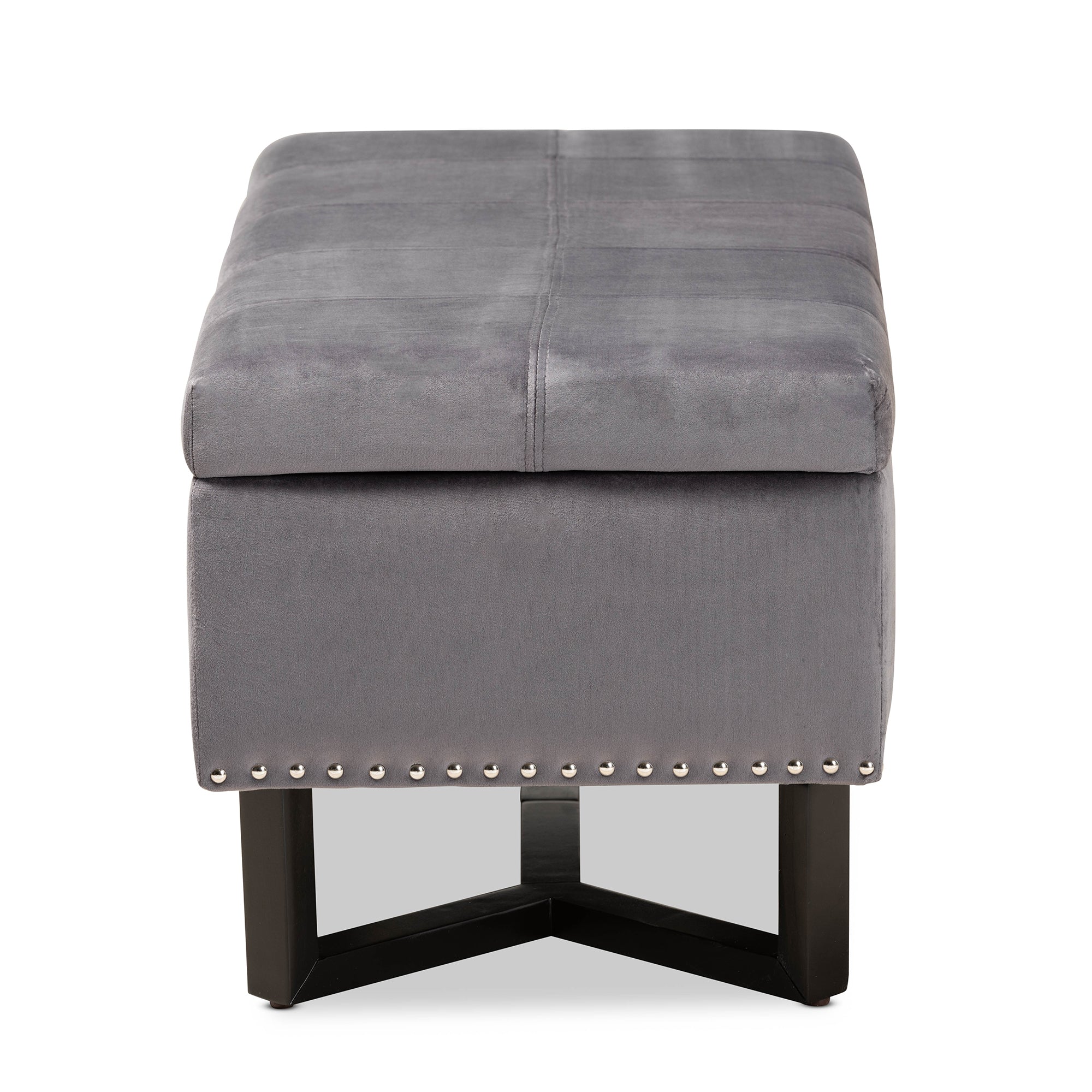 Esther Modern and Contemporary Grey Velvet Fabric Upholstered and Dark Brown Finished Wood Storage Ottoman