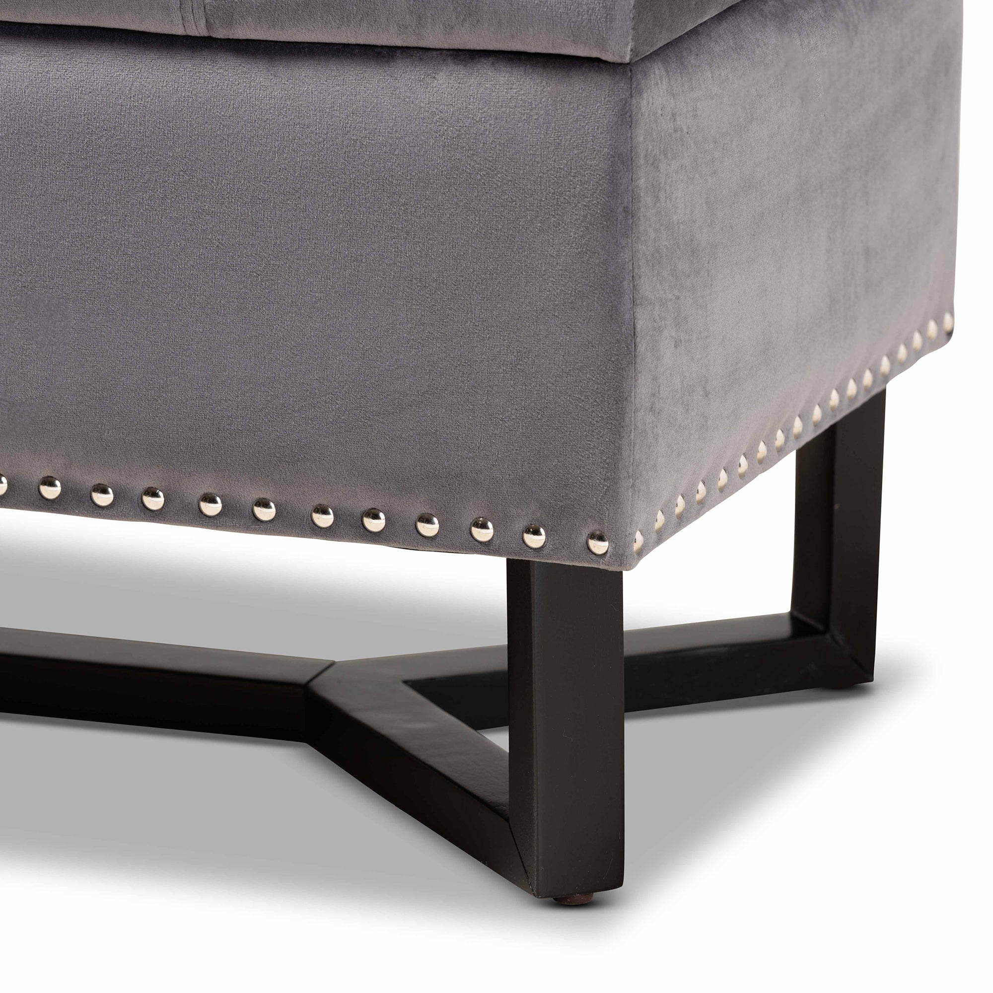 Esther Modern and Contemporary Grey Velvet Fabric Upholstered and Dark Brown Finished Wood Storage Ottoman
