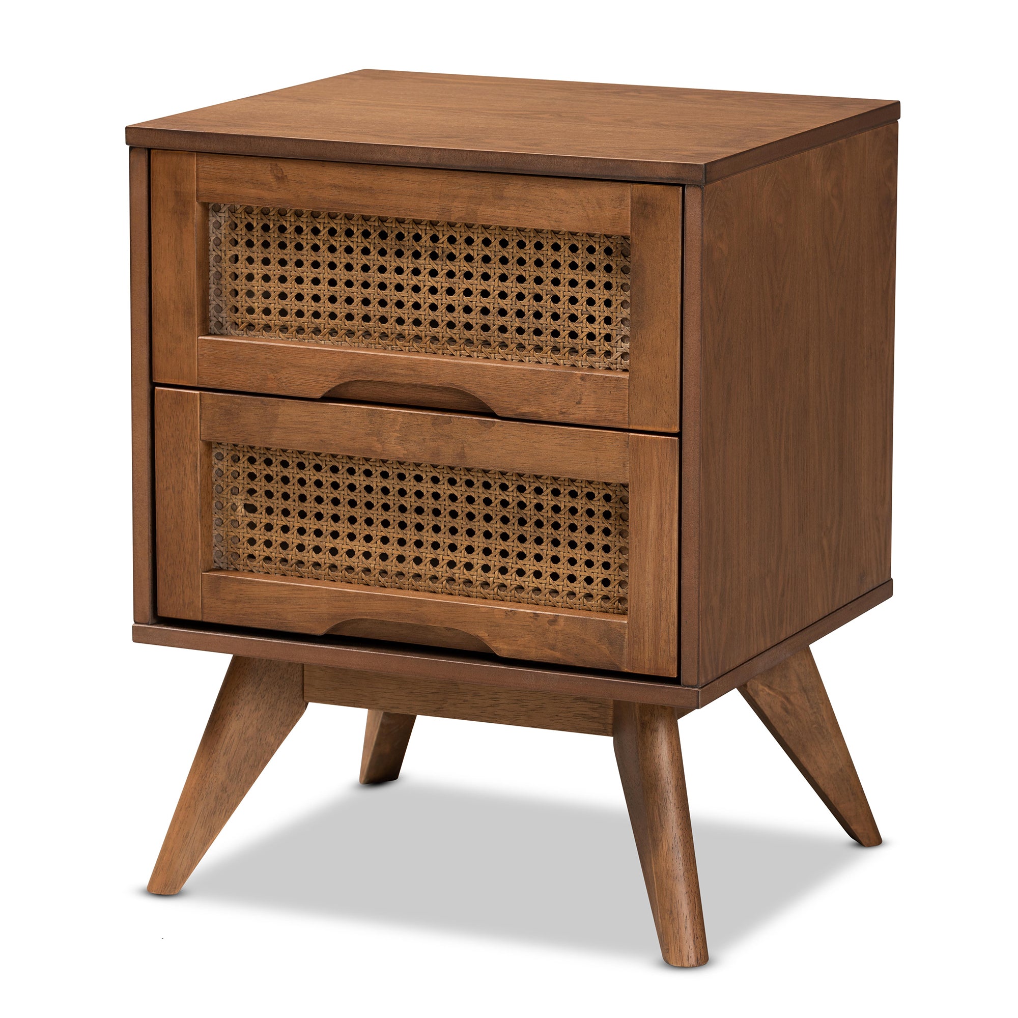 Baxton Studio Barrett Mid-Century Modern Walnut Brown Finished Wood and Synthetic Rattan 2-Drawer Nightstand