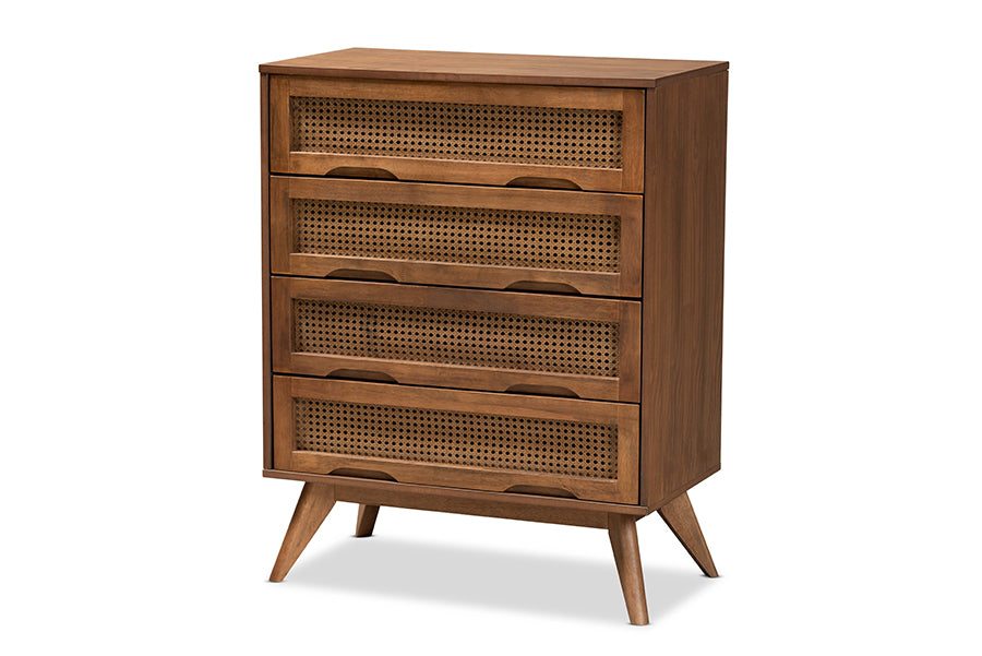 Barrett Mid-Century Modern Walnut Brown Finished Wood and Synthetic Rattan 4-Drawer Chest