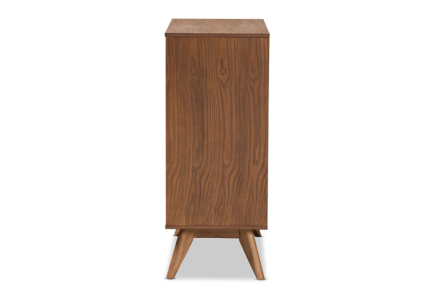 Barrett Mid-Century Modern Walnut Brown Finished Wood and Synthetic Rattan 4-Drawer Chest