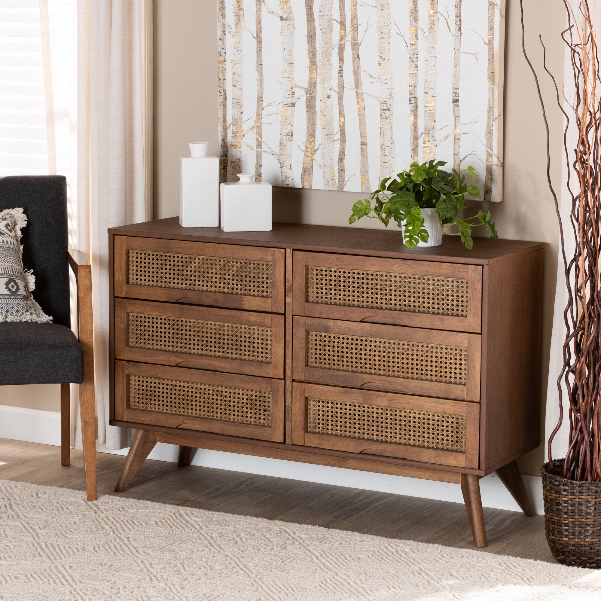 Barrett Mid-Century Modern Walnut Brown Finished Wood and Synthetic Rattan 6-Drawer Dresser