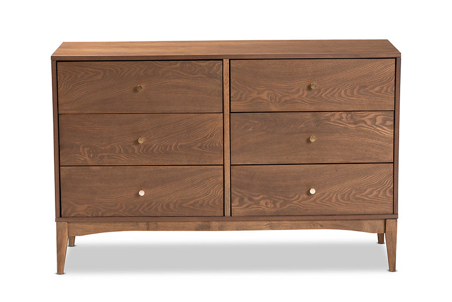 Landis Mid-Century Modern Ash Walnut Finished Wood 6-Drawer Dresser