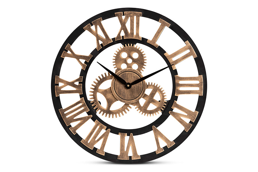 Randolph Industrial Vintage Style Black and Distressed Brown Finished Wood Wall Clock