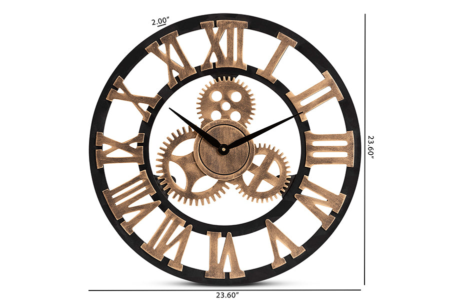 Randolph Industrial Vintage Style Black and Distressed Brown Finished Wood Wall Clock