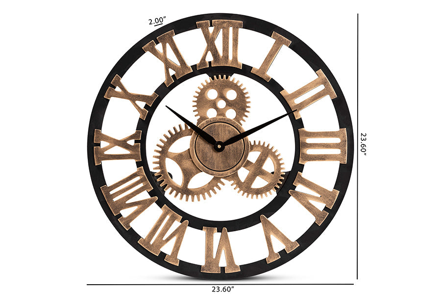 Randolph Industrial Vintage Style Black and Distressed Brown Finished Wood Wall Clock