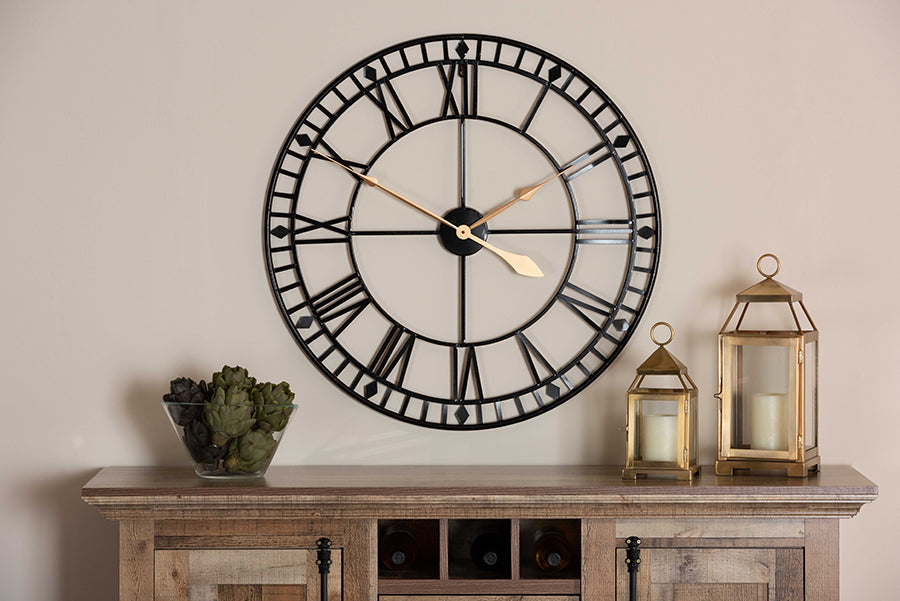 Janette Classic Contemporary Black and Gold Finished Metal Wall Clock