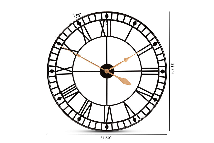 Janette Classic Contemporary Black and Gold Finished Metal Wall Clock